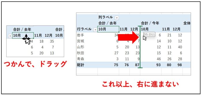 ピボットテーブルで列の並べ替えができない