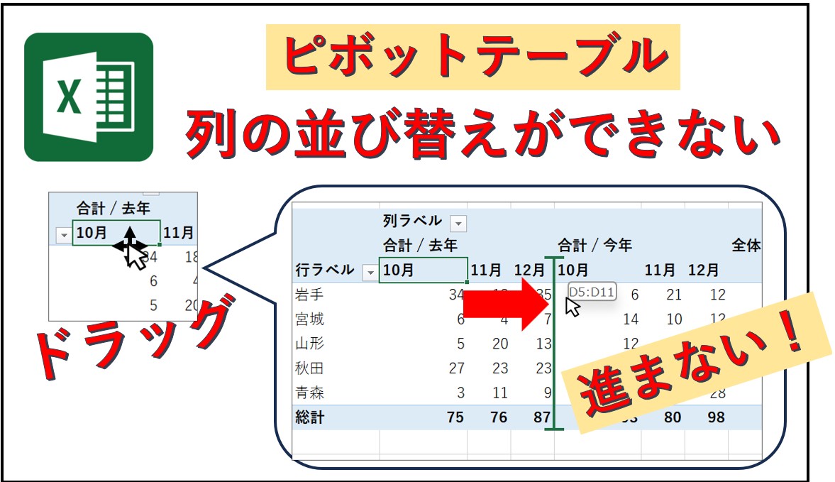 ピボットテーブルで列の並び替え、ドラッグしてもできない